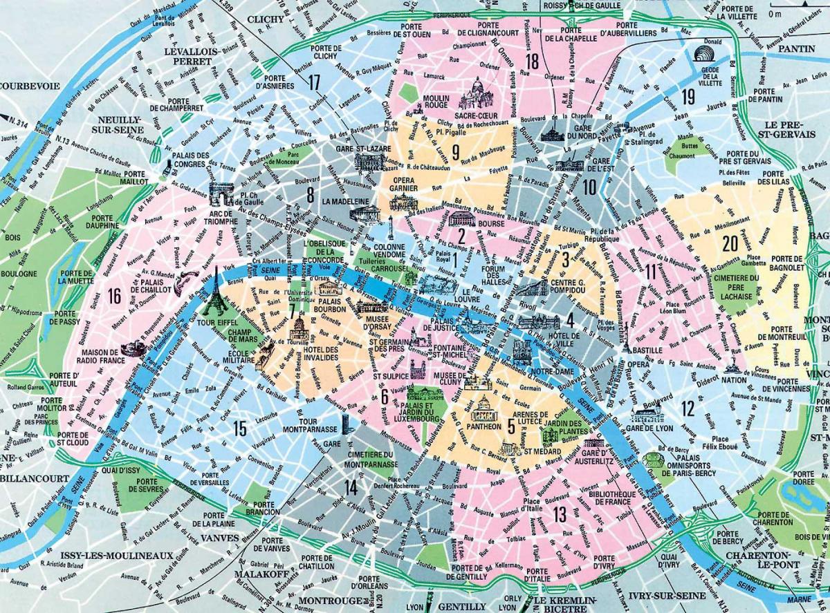 kaart van Parijs in wijken en bezienswaardigheden