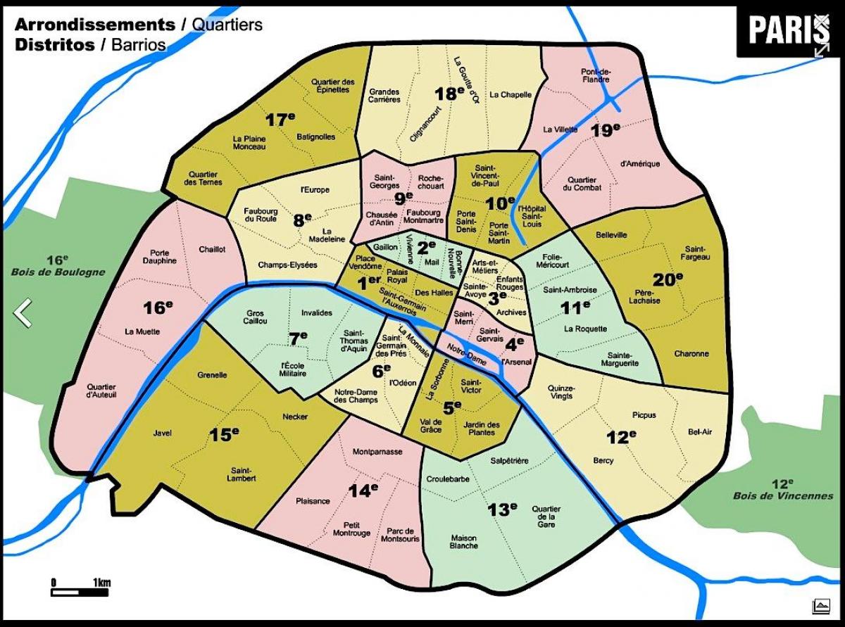 Kaart van Parijs met arrondissement gebieden
