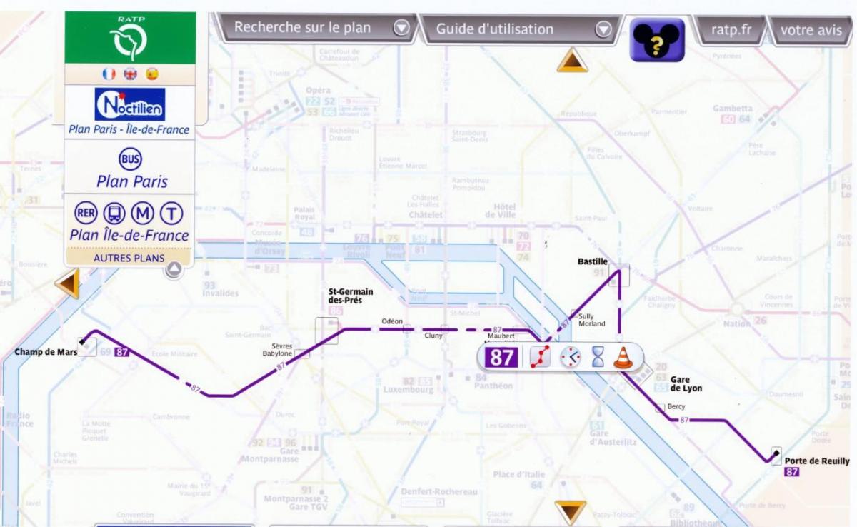 Kaart van Parijs met de bus route 87 